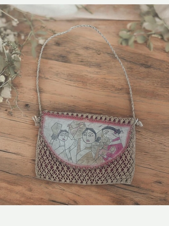 Artisan Handbags - Vtg 1970s Madhubani HandPainted Jute leather macrame SlingBag Authentic Folk Art